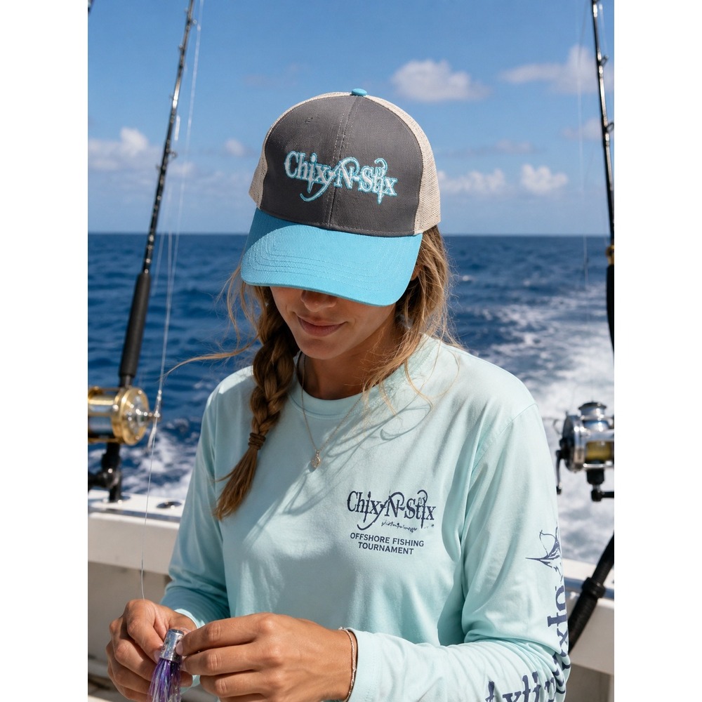 Authentic Pigment Chix-N-Stix Fishing Trucker Hat Grey Blue Tan Snapback Cap